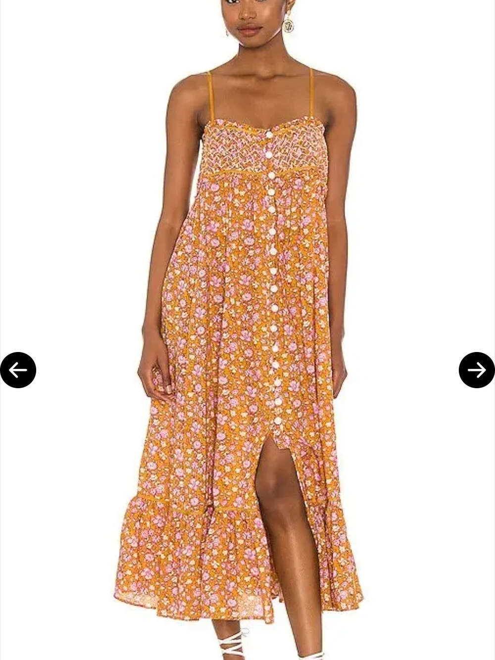 Free People Floral Button-Front Midi Dress in Mustard and Pink